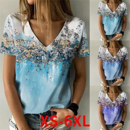 Women s Floral Theme Abstract Painting T Shirt Flower Print V Neck Basic Tops 3D Loose Clothes 220628