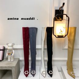 Amina Muadi Fashion Designer Donna Stivali con tacco a ferro di cavallo Stivali a punta neri Stivali sopra il ginocchio Desert Boots Radiant Crystal Scarpe invernali Taglia US4-11 con scatola NO389