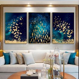 -Pinturas douradas borboleta peixe -pássaro poster de dança nórdica arte de parede de parede imagem impressão pintura abstrata decoração de casa