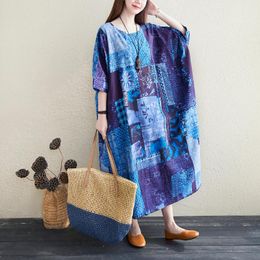 Plus Size Dresses BIG Summer Women Vintage Elegant Blue Print Tops Ladies Female Large Long Casual Cotton Linen Oversized Robe Dress