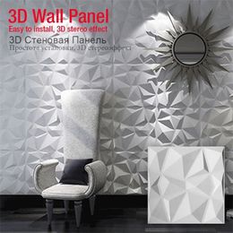 9 PCS 30x30cm 3D Wallboard Geometric Cut Diamond Wood Carved Wall Sticker 3D Background Wall Sticker Decor Panel House Decor T200601