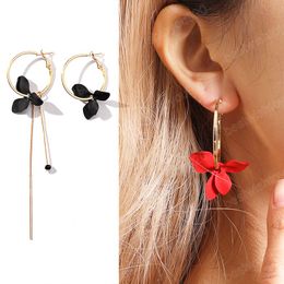 Elegant Painted White Flower Asymmetric Earrings For Women Gold Colour Small Dangle Earrings Long Chain Tassel Hanging Earring