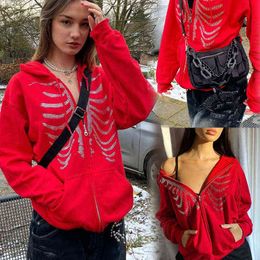 Zip Up Gothic Red Hoodie Y2k Autumn Women's Rhinestone Skull Casual Oversized Sweatshirt Punk E-girl Harajuku Long Sleeve Jacket Y220803