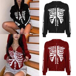 Women's Hoodies & Sweatshirts Autumn Women Zip Long Sleeve Skeleton Print Loose With Pockets Jacket Coat Streatwear Y2kWomen's