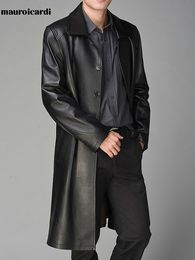 Mauroicardi Autumn Long Black Faux Leather Trench Coat for Women Long Sleeve Single Breasted Luxury British Style Fashion 220816