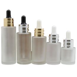 Empty Round White Frost Glass Refillable Bottle Rubber Pipetter Lid With Plug Cosmetic Packaging Perfume Essential Oil Vials 20ml 30ml 40ml 50ml 60ml