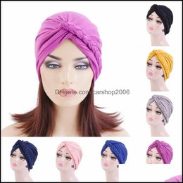 Beanie/Skl Caps Hats Hats Scarves Gloves Fashion Accessories Soft Cross Braids Hijabs Pure Colour African Muslim Womens Wraps Turban Cap B