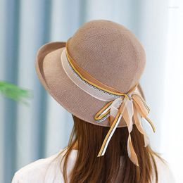 Beanie/Skull Caps Summer Light Breathable Flash Silk Small Pot Hat Cotton Casual Women Ribbon Bow Turn Eaves Knitted Foldable Oliv22