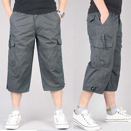 Summer Mens Casual Cotton Cargo Shorts Overalls Long Length Multi Pocket breeches Military Pants Male Cropped Pants 220718