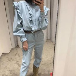 Washed Denim Light Blue Jumpsuit Ruffled Neck Long Sleeves Buttoned Cuffs Pockets FAshion Long pants 210326