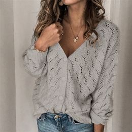 Cardigan Autumn Winter Sweater Women Crocheted Hollow V-neck Long-Sleeved Single-Breasted Cotton Cashmere Knitted Cardigan 201204