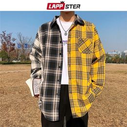 LAPPSTER Men Oversized Cotton Plaid Shirt Man Hip Hop Patchwork Button Up Long Sleeve Shirt Couple Korean Harajuku Clothing 220401