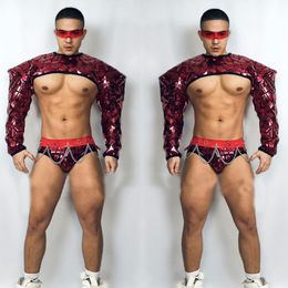 Stage Wear Bar Nightclub Men Pole Dance Clothes Sexy Red Mirror Suit Exaggerated Shoulder Pad Top Briefs Gogo Costume Outfit XS3657Stage