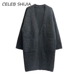 SHIJIA Autumn winter knit cardigan woman Full sleeve pocket Grey khaki solid warm sweater female open Stitch knitwear 201204