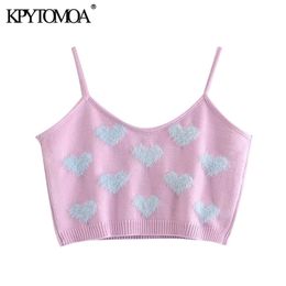 KPYTOMOA Women Fashion Heart Pattern Cropped Knitted Tank Tops Vintage Backless Thin Straps Female Camis Chic Tops 210401