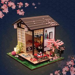 DIY Wooden Casa Dollhouse Kit Assembled Miniature Furniture Light Doll House with Cherry Blossoms Toys for Gifts