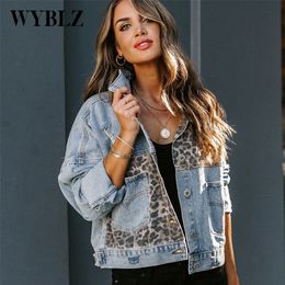 Fashion Contrast Leopard Jeans Women Elegant Turndown Collar Metal Buttoned Cardigan Coats Long Sleeve Denim Jacket 220722