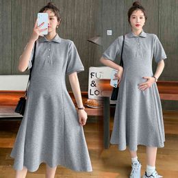 Spring And Summer Pregnant Women Knitted Dress Solid Colour TurnDown Collar Short Sleeve Maternity Aline Dress Wholesale J220628