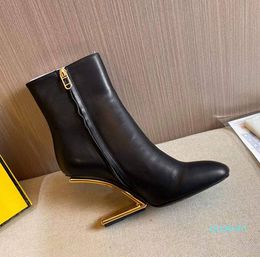Fashion-Black Sculpted Slope heel Ankle boots Metallic high heels square toes side zip calfskin Booties for women luxury designer shoes Short boots