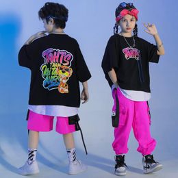 Stage Wear Kid Kpop Hip Hop Clothing Black White Print Oversized T Shirt Top Streetwear Cargo Pants For Girl Boy Jazz Dance Costume ClothesS