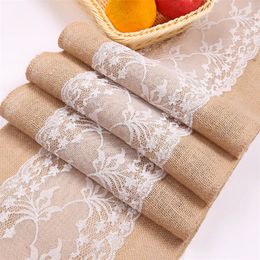 Jute Burlap Lace Hessian Table Runner for Christmas Wedding Festival Party Event Runners Restaurant Decoration 220615