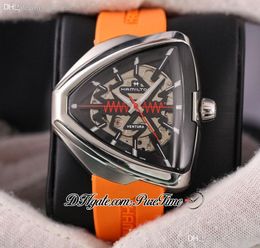 2022 Ventura Elvis80 Skeleton H24525331 A2824 Automatic Mens Watch Steel Case Black Dial Orange Rubber Strap Watches Super Edition Puretime F05i9