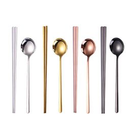 Flatware Sets Stainless Steel Full Square Chopsticks Long Handle Spoon Titanium Plated TablewareFlatware