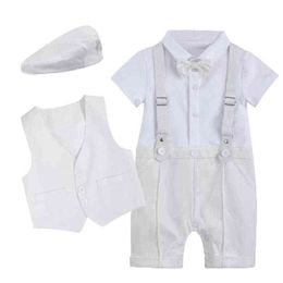 Baby Junge Taufe Strampler Taufe Kleidung Outfit Anzüge 1. Geburtstag Weißes Kleid Baskenmütze + Overall Junge Gentleman Kleidung G220509