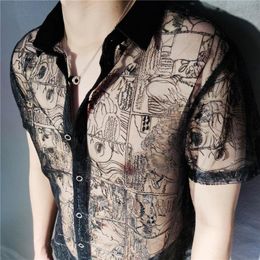 Men's Casual Shirts High Quality Black Lace Sexy Shirt Embroidery See Through Men Social Club Luxe Transparent Summer Short Sleeve ShirtMen'