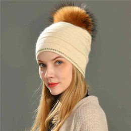 New Winter Hats Solid Colour Wool Knitted Beanie Women Casual Hat Rhinestone Zomen Warm Female Soft Slouchy Hood J220722