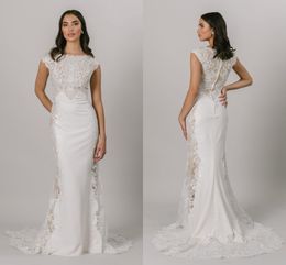 Mermaid Modest beach Wedding Dresses Cap Sleeves Jewel Neck Buttons Back Lace Crepe LDS Bridal Gowns Bride Dress