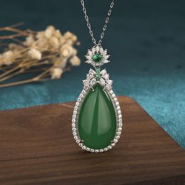 Pendant Necklaces Natural Full Of Green Chalcedony Water Drop Jade S925 Silver Necklace Women's JewelryPendant NecklacesPendant