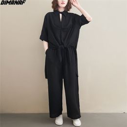 DIMANAF Plus Size Women Blouse Two Piece Set Shirts Summer V-Neck Chiffon Office Lady Tops Suit Casual Solid Female Clothes 210331
