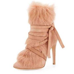 Real Fur Cover Pointed Toe Ankle Boots Women Strappy Bandage Thin High Heels Fall Dress Short Booties Shoes 220514