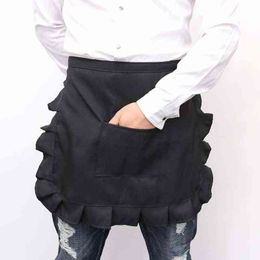 1pcs Kitchen Apron Lace Bib Maid Costume Half Waist With Pocket Kitchen Party Favours For Women Waitress Black White A50 Y220426