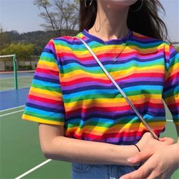 Summer Clothing Woman Tshirt Top Korean Style Tshirts Ulzzang Harajuku Rainbow Striped Short Sleeve Tshirt For Women Tees T200614