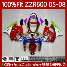 OEM Body Injection Mold For KAWASAKI NINJA ZZR600 05-08 ZX ZZR-600 600 CC 05 06 07 08 Cowling 134No.202 100% Fit ZZR 600 600CC 2005 2006 2007 2008 Fairing Kit Red white