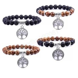 Antique Silver Plated Lifetree Charm Natural Stone Wood Beads Strands Bracelet for Man Woman Wholesale