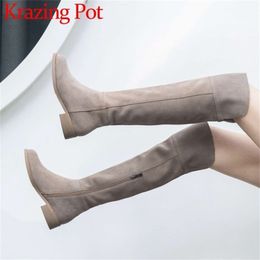 High street fashion solid zip genuine leather thigh high boots round toe low heels rome elegant female overtheknee boots L51 201109