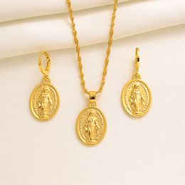 Christian Necklace Pendant Earrings 18k Yellow Filled Solid Gold Virgin Mary Totus Tuus Medallion Vintage Oval Coin Our Lady