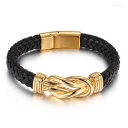 For Men's Gold Stainless Steel Simple Design Of Magnetic Buckle Wristband With Genuine L Leather Bangle 17mm 8.66'' Link Chain