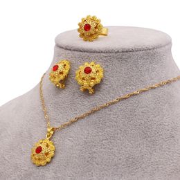 3 Pieces of Jewellery Set Women Pendant+Earrings+Ring Sunflower Shaped 24k Ethiopian Arabia Indian Dubai African Wedding Party Bridal Gift