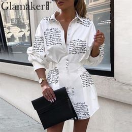 Glamaker Letter print sexy mini short shirt dress Women white long sleeve party club dress summer elegant bodycon dress T200319