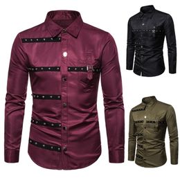 European Version Mens Gothic Style Rivet Long Sleeve Shirt Dress Casual Hip Hop Male Personality Shirts Fit Slim Clothes 220326