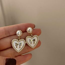 Dangle & Chandelier MENGJIQIAO Korean Vintage Pearl Heart Bowkont Drop Earrings For Women Fashion Rhinestone Pendientes Party Jewellery Gifts