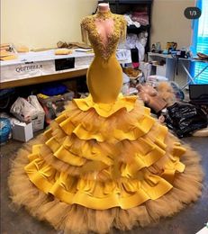 Bright Gold Tulle Ruffled Mermaid prom Dresses High Neck Sexy Keyhole Tiered Lace aso ebi Evening Dress For Black Girls Plus Size
