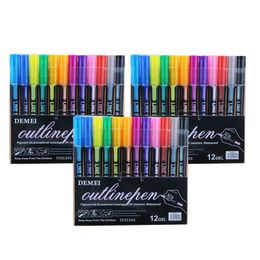 12 Colours Double Line Pen Metallic Colour Outline Out line Marker Pen Glitter for Drawing Painting Doodling School Art Supplies 220809