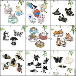 Pins Brooches Jewelry Pins 3-6Pcs/Set Enamel Pin Coffee Cup Cat Black Crow Butterfly Moth Witch Cats Animal Brooch Badge Car Dhyar