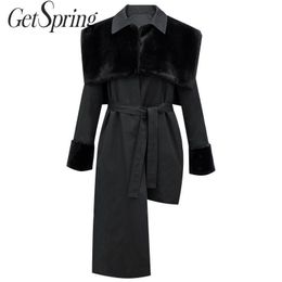 GetSpring Women Parka Winter Outwear Jacket Coat Thickened Plush Winter Jacket Irregular Lace Up Loose Long Overcoat Black 201201