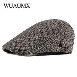 Wuaumx New Retro Adult Men Hat Tweed Beret Hat For Male Autumn Cotton Visors Fishbone Flat Cap Artist Beret cap Cap J220722